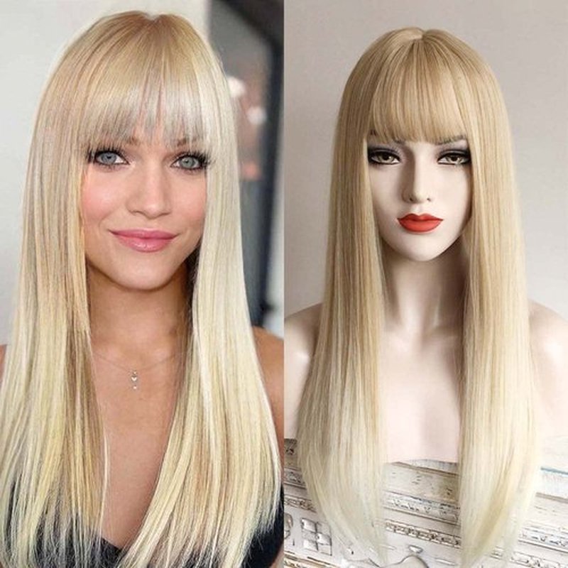 nevermindyrhead Blonde Ombre Long Straight Wig with Fringe Bangs, Heat Resistance Synthetic Wigs for Women 24 Inch