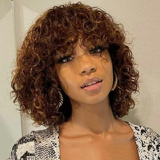 Spotlight Short Kinky Curly Wigs 10 inch Bob Loose Wave Human Hair Wigs for Women Brazilian Virgin Human Hair Wigs with Bangs 180% Density Natural Looking (Ombre Brown, TT1B/30)