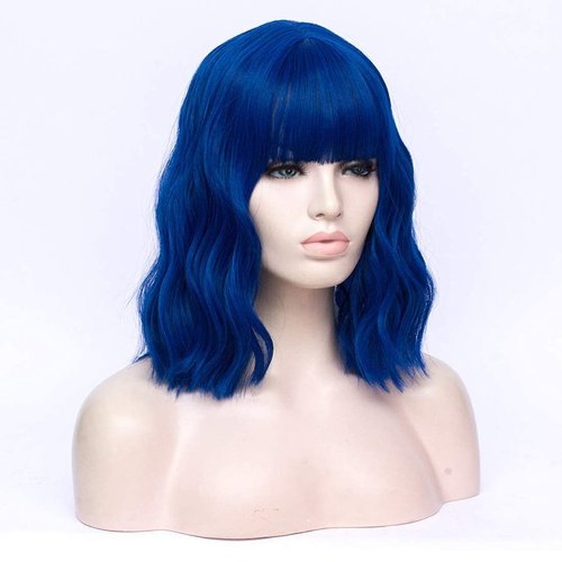 WGPFWIG Women's Blue Wig Short Curly Wavy Wig Shoulder Length Flat Bangs Wig For Women Girl Cosplay Party Halloween Wig Cap Included (Blue)