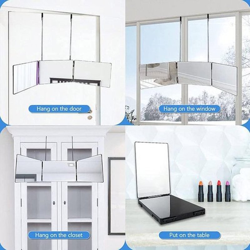 HIEEY 3 Way Mirror for Hair Cutting,360 Trifold Mirror with Height Adjustable Telescoping Hooks,and 5X Magnification Mirror,for Makeup, Hair Styling