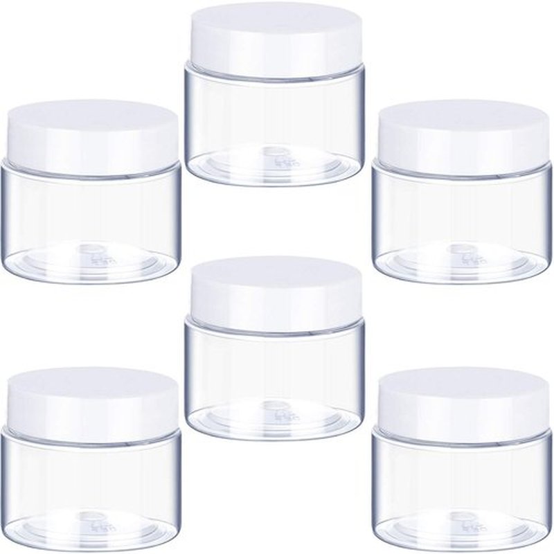 6 Pack Clear Container with Lids Small Plastic Pot Jars Wide Mouth Round Leak Proof Plastic Container Jars with Lid for Travel Storage, Eye Shadow, Nails, Paint, Jewelry (1 oz, White)