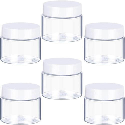 6 Pack Clear Container with Lids Small Plastic Pot Jars Wide Mouth Round Leak Proof Plastic Container Jars with Lid for Travel Storage, Eye Shadow, Nails, Paint, Jewelry (1 oz, White)