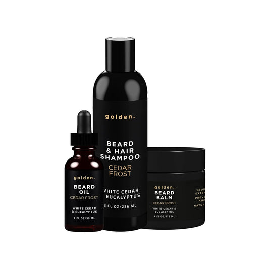 Golden Grooming Beard Bundle - XL Double Size Kit with 8oz Shampoo, 4oz Balm & 2oz Oil | Cedar Frost Scent