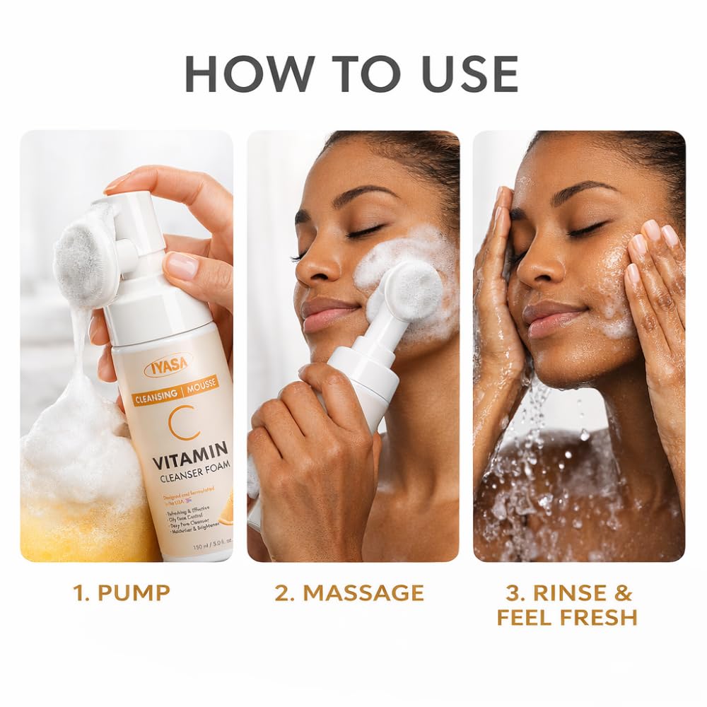 IYASA Gentle Face Wash for Sensitive Skin – Foaming Facial Cleanser with Amino Acids, Vitamin C & Silicone Brush – Hydrating Daily Cleanser for Melanin-Rich Skin – Sulfate-Free, Paraben-Free – 5oz