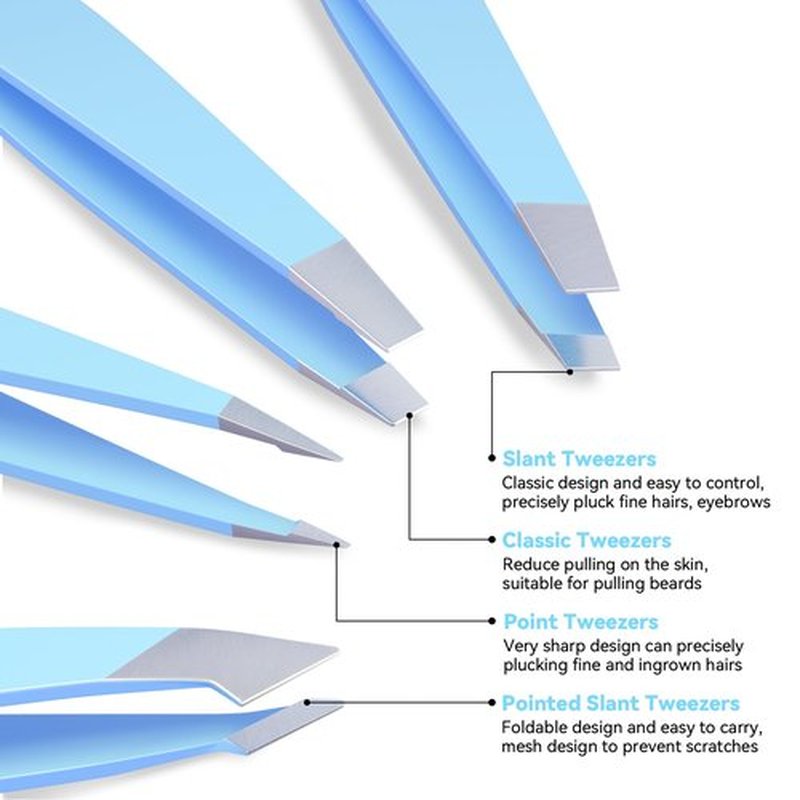 FACEMADE 4 Pack Tweezers Set - Professional Stainless Steel Tweezers for Men and Women, Precision Eyebrow Tweezers for Facial Hair, Chin, and Ingrown Hair Removal (Blue)