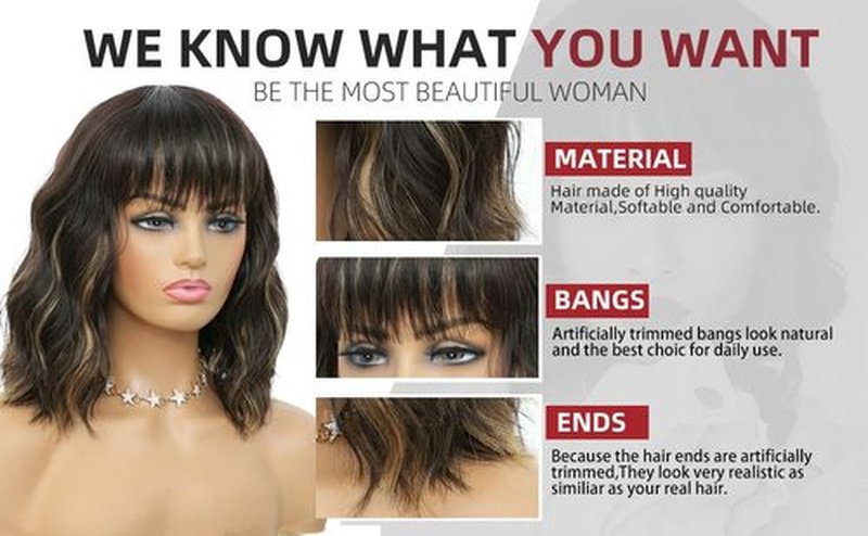 LYNLYSHAN Curly Bob Wig With Air Bangs Natural Wavy Short Bob Wigs Women's Shoulder Length Wigs Synthetic Cosplay for Girl Colorful Wigs(14",Blonde Mixed Black)