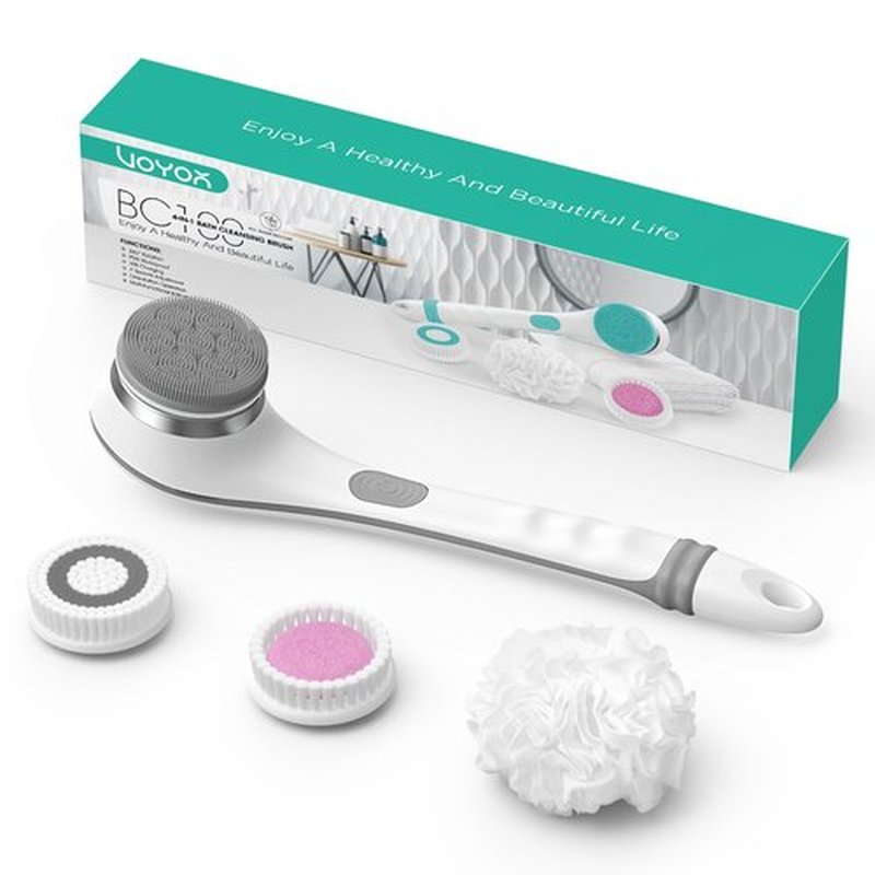VOYOR Electric Body Brush Back Scrubber for Shower Rechargeable Exfoliating Bath Brush Powered Shower Brush with Non-Slip Long Handle Deep Cleansing, Exfoliation, Massaging Spin Brush BC100 (Gery)