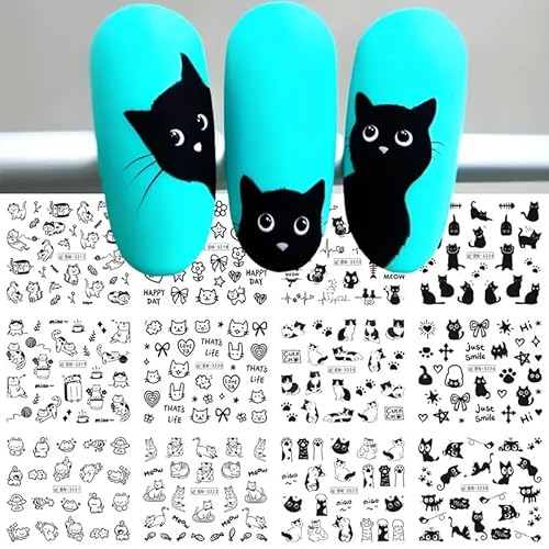Cute Nail Art Stickers Black White Cat Water Transfer Nail Stickers Cat Paw Cute Animals Water Transfer Nail Decals 3D Self Adhesive Nail Art Supplies Heart Designs Nail Decals 12PCS