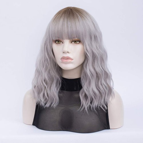 QACCF Short Wavy Shoulder Length Women Full Bang Heat Resistant Wig (Gray)