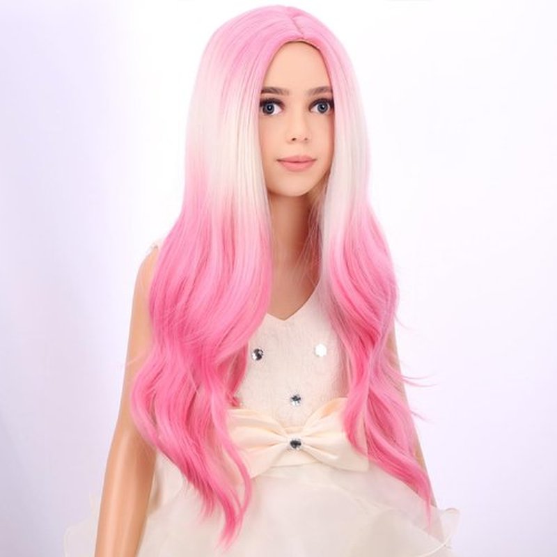 PATTNIUM Ombre Pink Wig Kids Child Wig Long Curly Wavy Lovely Pink Wig Blonde to Pink Wig Middle Part Girls Wig Heat Resistant Synthetic Hair Wig with Wig Cap
