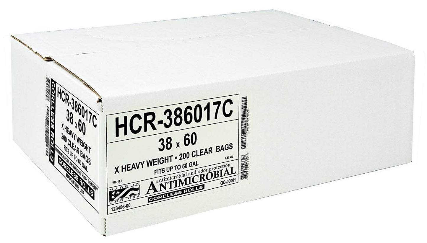 Aluf Plastics High Density Trash Bags, 60 Gallon, 200 Count, 14 Micron (eq), 38" x 60", Clear, for Bathroom, Office, Industrial, Commercial, Janitorial, Municipal, Recycling
