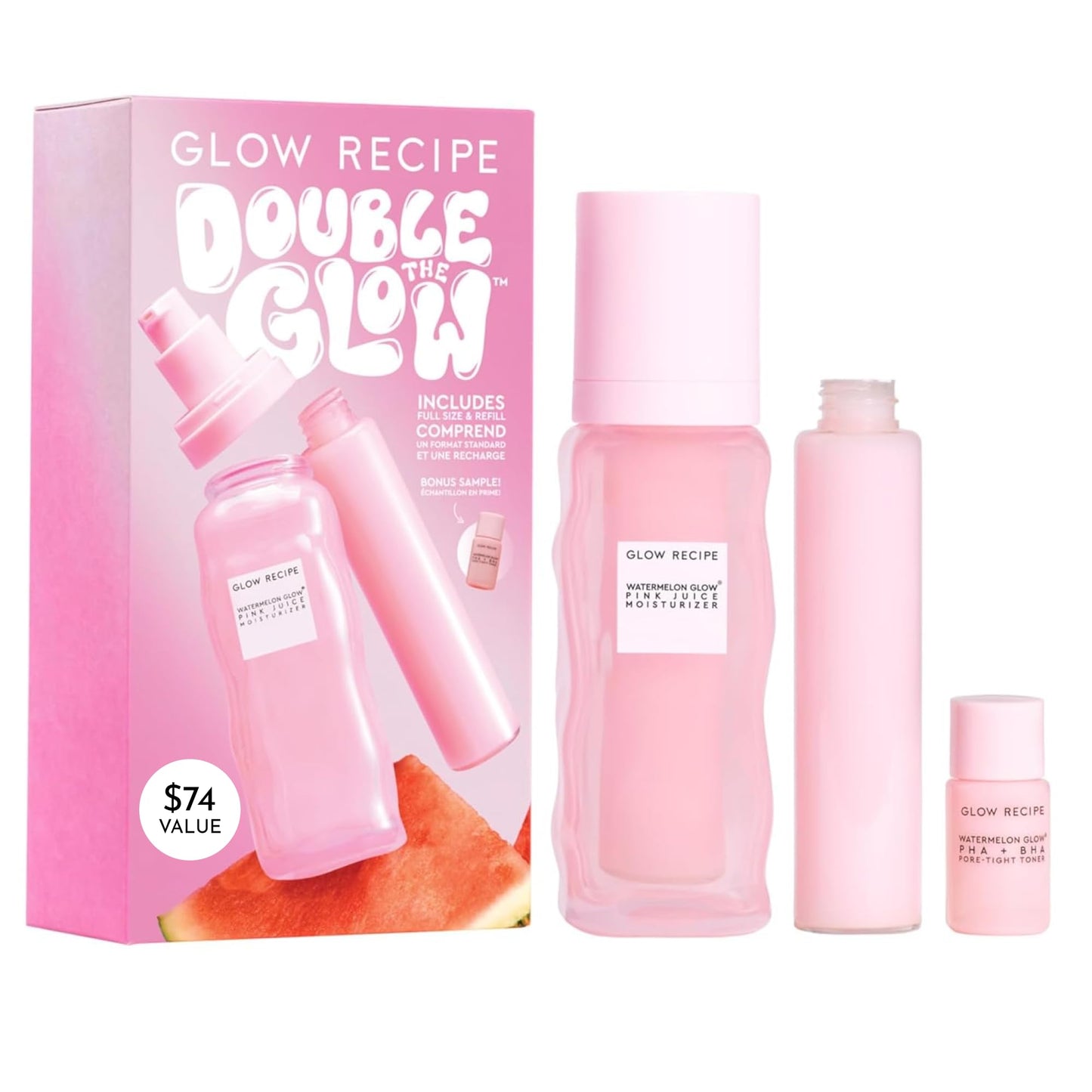 Glow Recipe Double The Glow Skincare Kit - Watermelon PHA BHA Face Toner + Full Size and Refillable Pink Juice Face Moisturizer with Hydrating Hyaluronic Acid for Dry Skin - Korean Skin Care (3 Count)