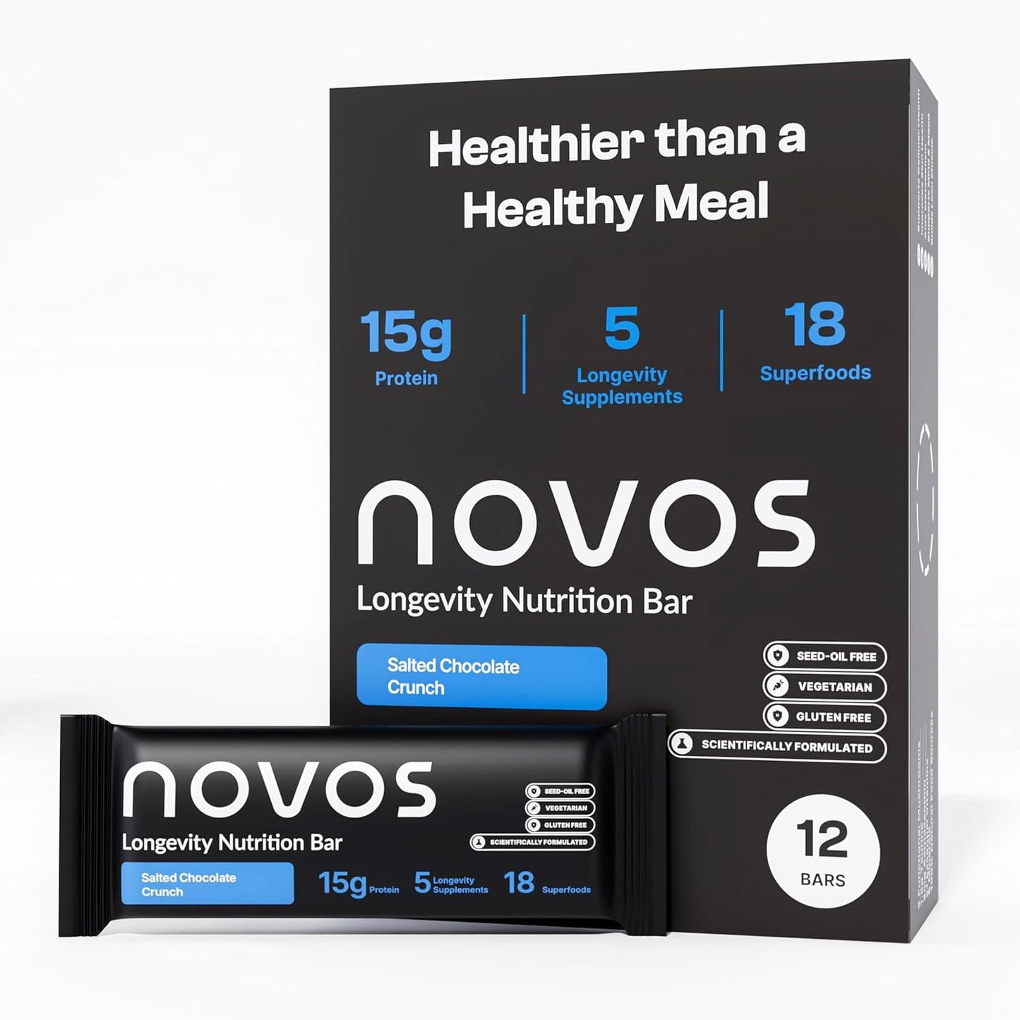 Novos Longevity Protein Bar | 15g Protein, 20 Superfoods, 5 Longevity Ingredients for Men & Women | Supports Skin, Mind & Mood | Salted Chocolate Crunch (12-Pack)