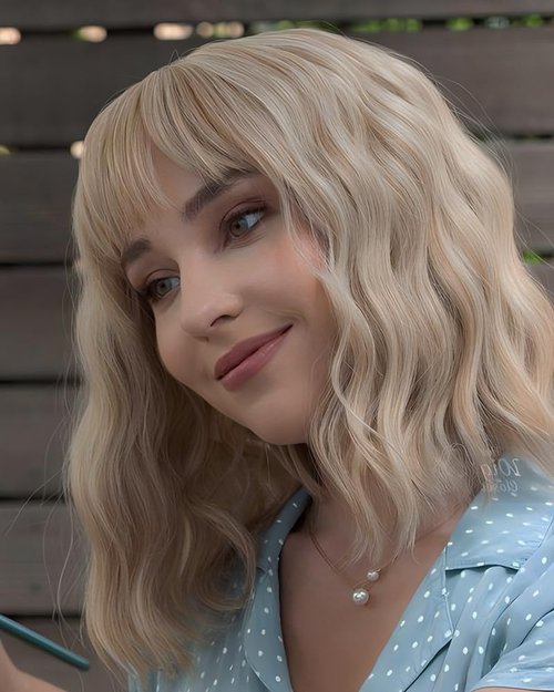 Short Blonde Wigs with Bangs 14Inch Wavy Curly Blonde Bob Wig for Women Shoulder Length Natural Looking Hair Replacement Wig for Daily Party Use Cosplay Costume Halloween Wig