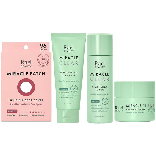 Rael Miracle Bundle | Invisible Spot Covers, Exfoliating Cleanser, Toner & Barrier Cream - 96 Count, 5.1 oz, 1.8 fl. oz