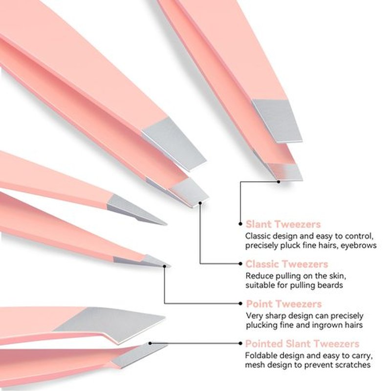 FACEMADE 4 Pack Tweezers Set - Professional Stainless Steel Tweezers for Men and Women, Precision Eyebrow Tweezers for Facial Hair, Chin, and Ingrown Hair Removal (Pink)