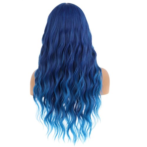 WTHCOS Blue Wig for Women Long Curly Wavy Blue Wig With Bangs Mixed Blue Wig Heat Resistant Synthetic Wig with Wig Cap (Mix Blue)