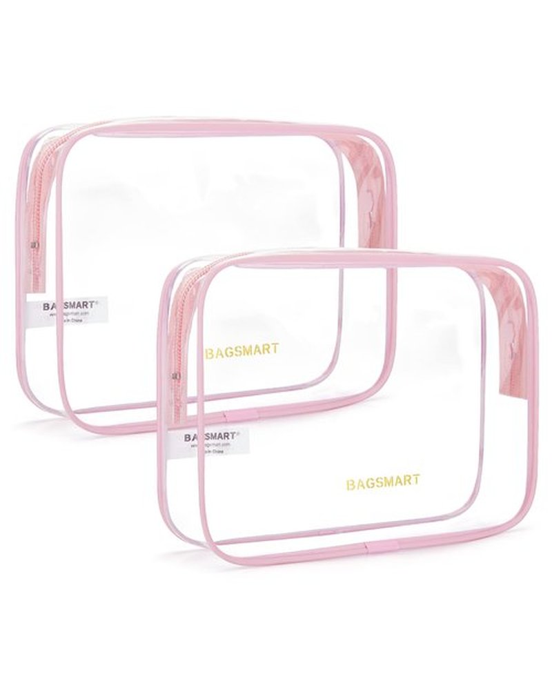 BAGSMART Clear Toiletry Bag, 2 Pack TSA Approved Carry on Travel Accessories Bag Airport Airline Quart Size Bags Water Repellent Makeup Cosmetic Bag for Women (Pink-2pcs)