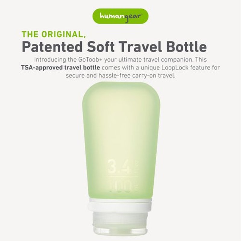 humangear GoToob+ (Large) | Refillable Silicone Travel Bottle | Locking Lid | Food-Safe Material | Green, Large (3.4 fl.oz.; 100ml)