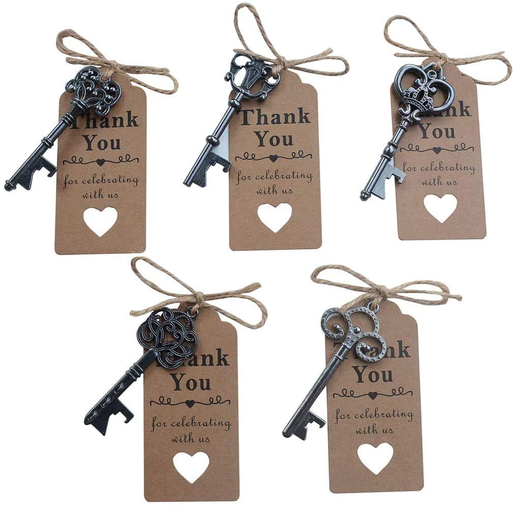 Yansanido 50pcs Black Skeleton Key Beer Bottle Opener With 100 Pcs Thank You Card and 98 Feet Hemp Rope for Wedding Party Favors (50pcs Black)