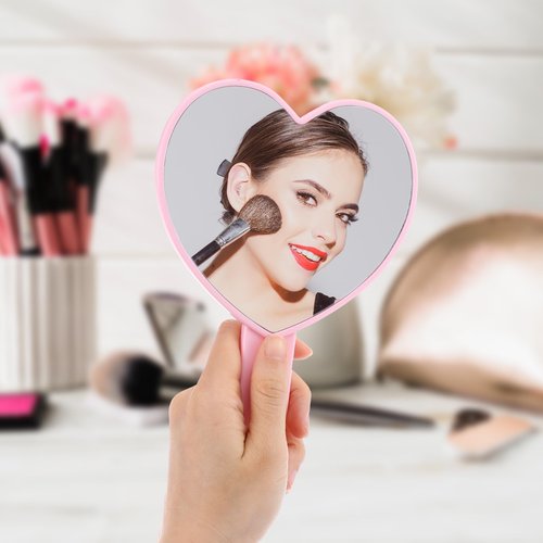 Heart-Shaped Handheld Mirror with Handle, Portable Travel Makeup Hand Mirror Decorative Mini Heart Cosmetic Lash Mirror for Women Girls Valentine's Day (Pink)