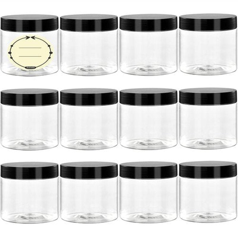 TUZAZO 6 Oz Plastic Container Jars with Lids and Labels BPA Free, Empty Round Clear Cosmetic Containers Plastic Slime Jars for Lotion, Cream, Ointments, Body Butter, Makeup, Travel Storage (12 Pack)