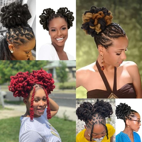 Yinmei Baibian Dreadlock Bun Faux Locs Drawstring Ponytail Dread Loc Petal Buns Curly Afro Puffs Braided Hair Extension Clip in on Braids Hairpieces for Black Women(33#)