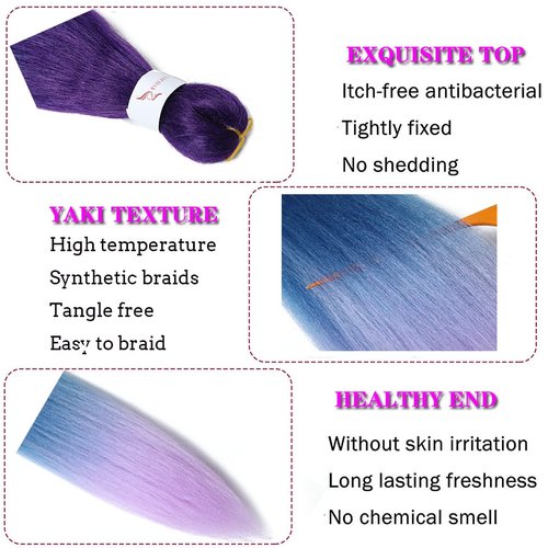 Pre Stretched Braiding Hair Extensions 30 Inch 6 Packs Long Professional Crochet Twist Braids Hair High Temperature Synthetic Fiber Yaki Texture(30",purple-lake blue-light purple)