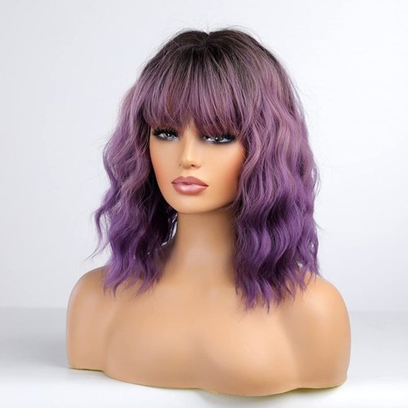 PATTNIUM Ombre Purple Wig with Bangs for Women Short Wavy Curly Bob Purple Wig Shoulder Length Heat Resistant Synthetic Wig (Ombre Purple)