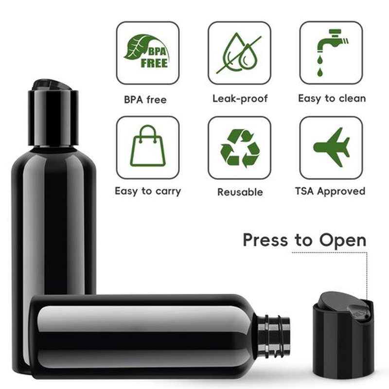TUZAZO 10 Pack 3.4 oz Black Travel Bottles for Toiletries TSA Approved Leakproof Travel Size Containers Empty Small Plastic Shampoo Lotion Bottles with Labels