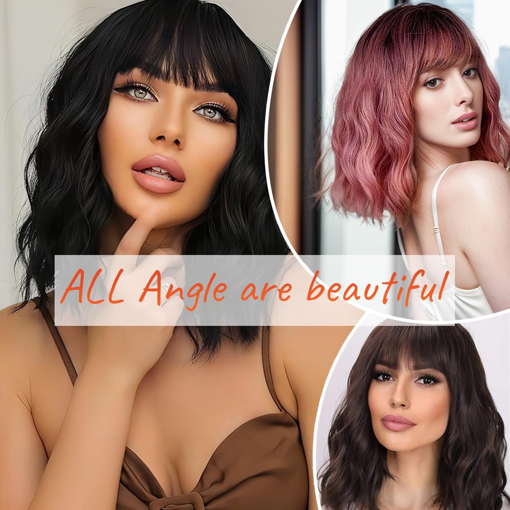 Short Wavy Ombre Brown Wig with Bangs 14inch Brown Wigs for Women Short Curly Bob Wigs Synthetic Natural Looking Hair Replacement Wigs Costume Cosplay Halloween Wig(14'' Ombre Brown)