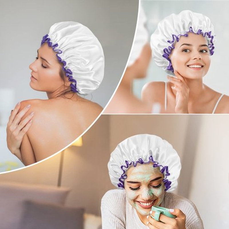 Aquior Shower Cap, Shower Cap for Women Reusable Waterproof, Large Bath Hair Cap for All Hair Lengths, Ladies, Men and Kids (White)