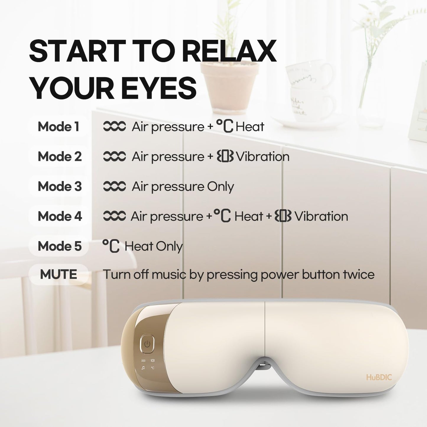 HuBDIC HubiCare Eye Massager with Heat, Heated Air Pressure Eye Mask for Migraines with Music, Smart Migraine Massager Reduce Dry Eyes Improve Sleep, Birthday Gifts for Women Men Mom Dad (Beige)