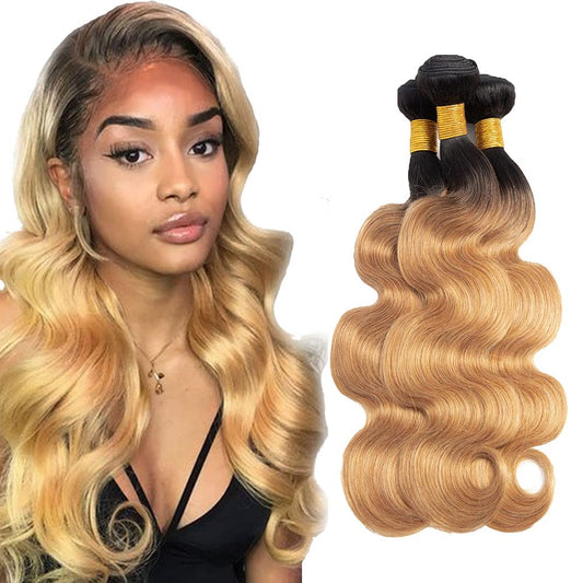 1B/27 Human Hair Bundles Ombre Body Wave Human Hair Bundles Brazilian Unprocessed Virgin Hair 3 Bundles 16 18 20 Inch Two Tone Black and Honey Blonde Bundles Ombre Bundles Hair Weave
