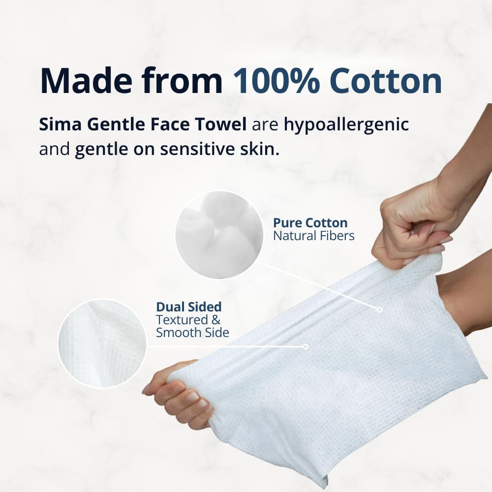 Sima Disposable Face Towels for Drying - 100% Cotton Face Wipes 150 Pack - Biodegradable Makeup remover for sensitive Skin, Gentle Clean facial cloth - Ultra-Soft & Lint-Free, Cruelty Free