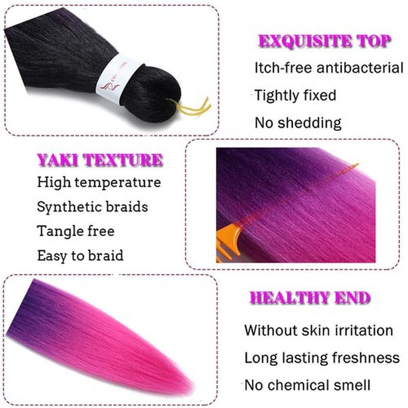Pre Stretched Braiding Hair Extensions 30 Inch 6 Packs Long Professional Crochet Twist Braids Hair High Temperature Synthetic Fiber Yaki Texture(30",black-purple-rose red)