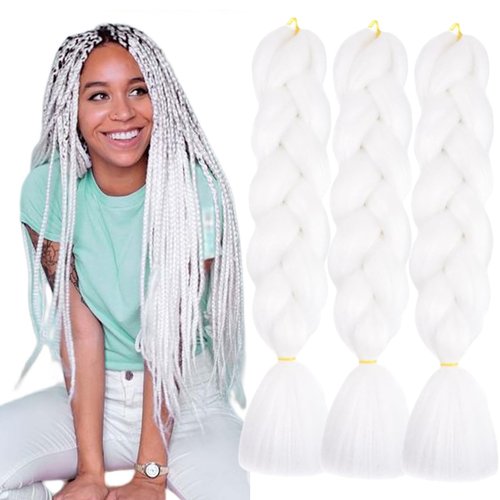 TENGSHUO FLY White Braiding Hair 3 Packs Synthetic Braid Hair Extensions Jumbo Ombre Braiding Hair 24 Inch or Box Braids Twist Crochet Braids(24"3Pack,White(60#)