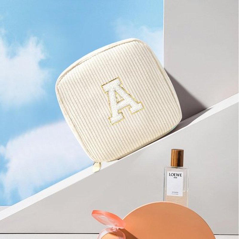 Preppy Makeup Bag for Women - Monogram Personalized Initial Makeup Bags Cosmetic Pouch Make Up Case for Women Her Best Friend Friendship Sister Teacher, Birthday Gifts for Women (Letter A, Beige)