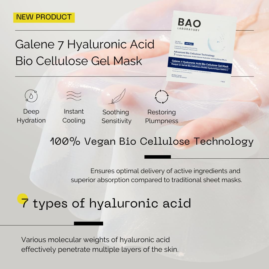 BAO Laboratory Galene 7 Hyaluronic Acid Bio Cellulose Gel Mask | Intense Hydration & Soothing Effects for Face | Skin Care Face Facial Mask | 100% Vegan, 330 g (6 pairs)