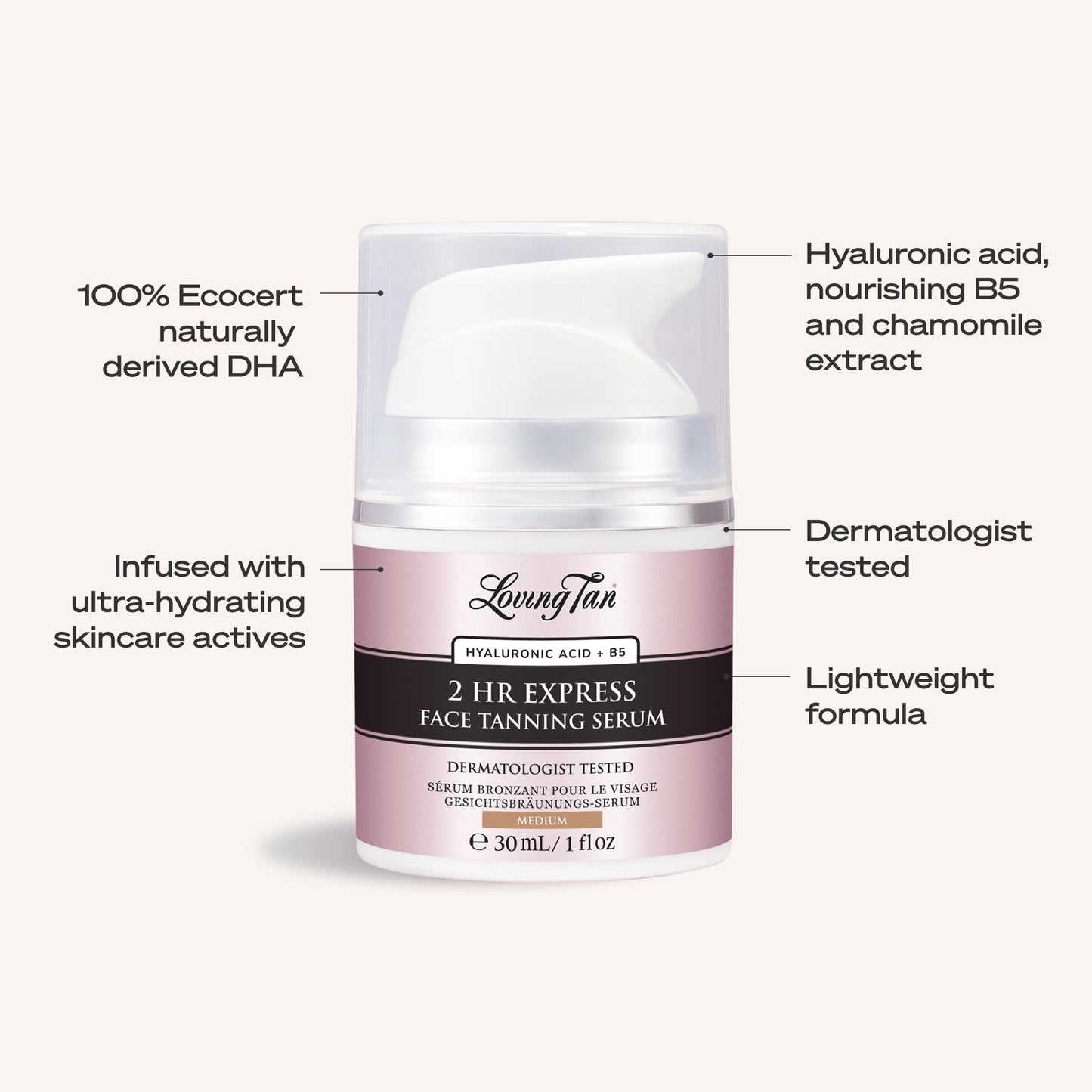 Loving Tan NEW 2 Hr Express Face Tanning Serum, Medium - Hydrating, Natural-Looking Glow Sunless Self Tanner, Dermatologist Tested, Lightweight, Naturally Derived DHA, Vegan & Cruelty-Free - 1 fl oz