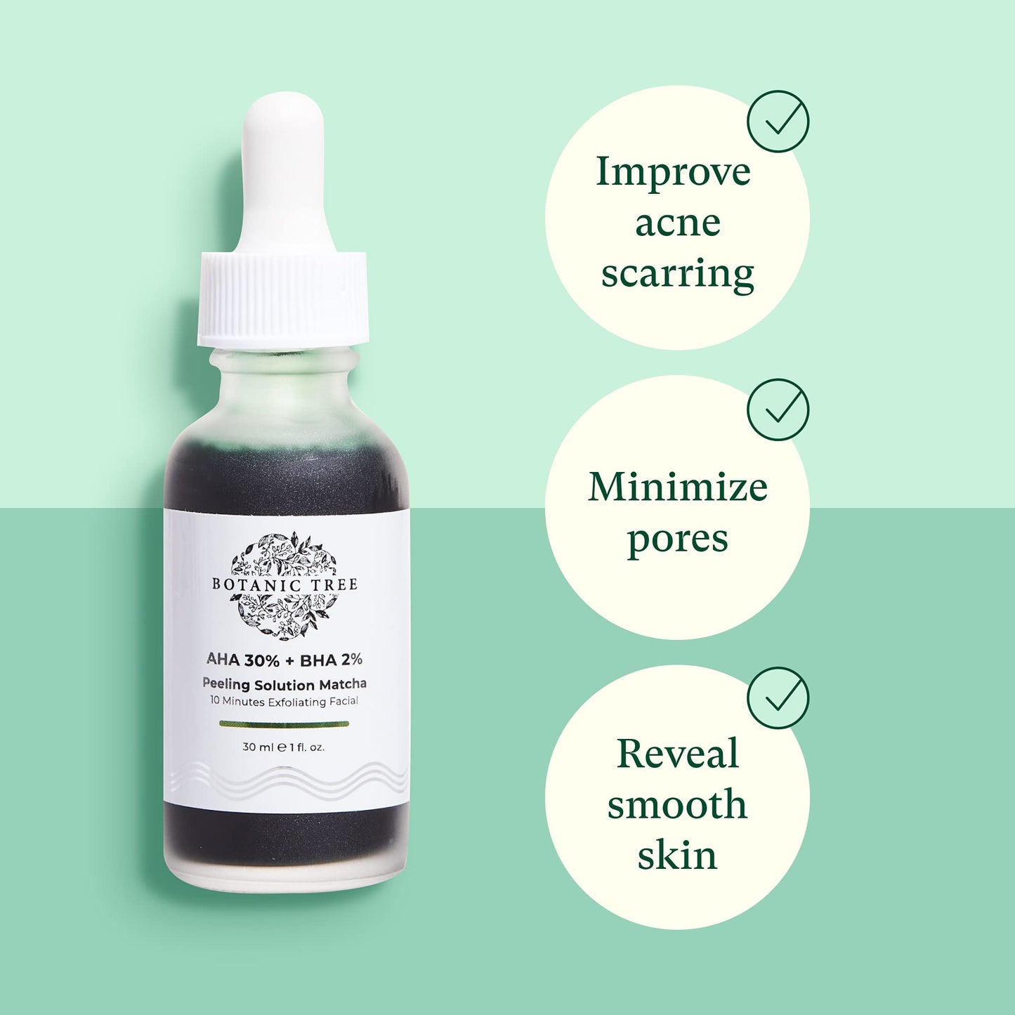 Botanic Tree Matcha Peeling Solution Chemical Peels for Face - Dark Spots - AHA 30% + BHA 2% - 10 Minute Exfoliating Skin Face Peel with Glycolic Acid and Salicylic Acid, 30ml / 1fl oz.