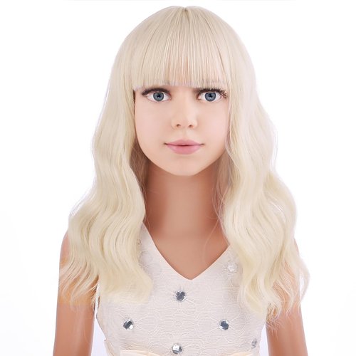 PATTNIUM Platinum Blonde Wig for Kids Child Short Wavy Wig with Bangs Synthetic Girls Blonde Wig Cosplay Halloween Party Costume 12" Wig (Platinum Blonde)