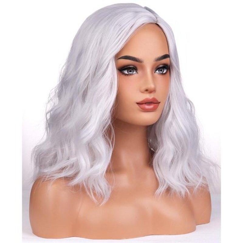 BERON Womens Silver White Short Wig Girls Curly Wavy Bob Hair Wig Shoulder Length Heat Resistant Synthetic Wigs for Daily or Cosplay Used