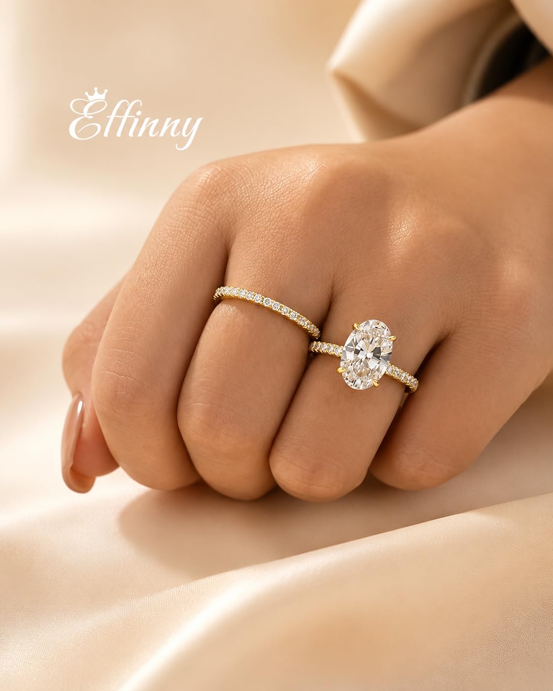 Effinny 3.5ct Elongated Oval Cut Engagement Ring Set,925 Sterling Silver Bridal Ring Set with Half Eternity Wedding Ring (Golden, 7.5)