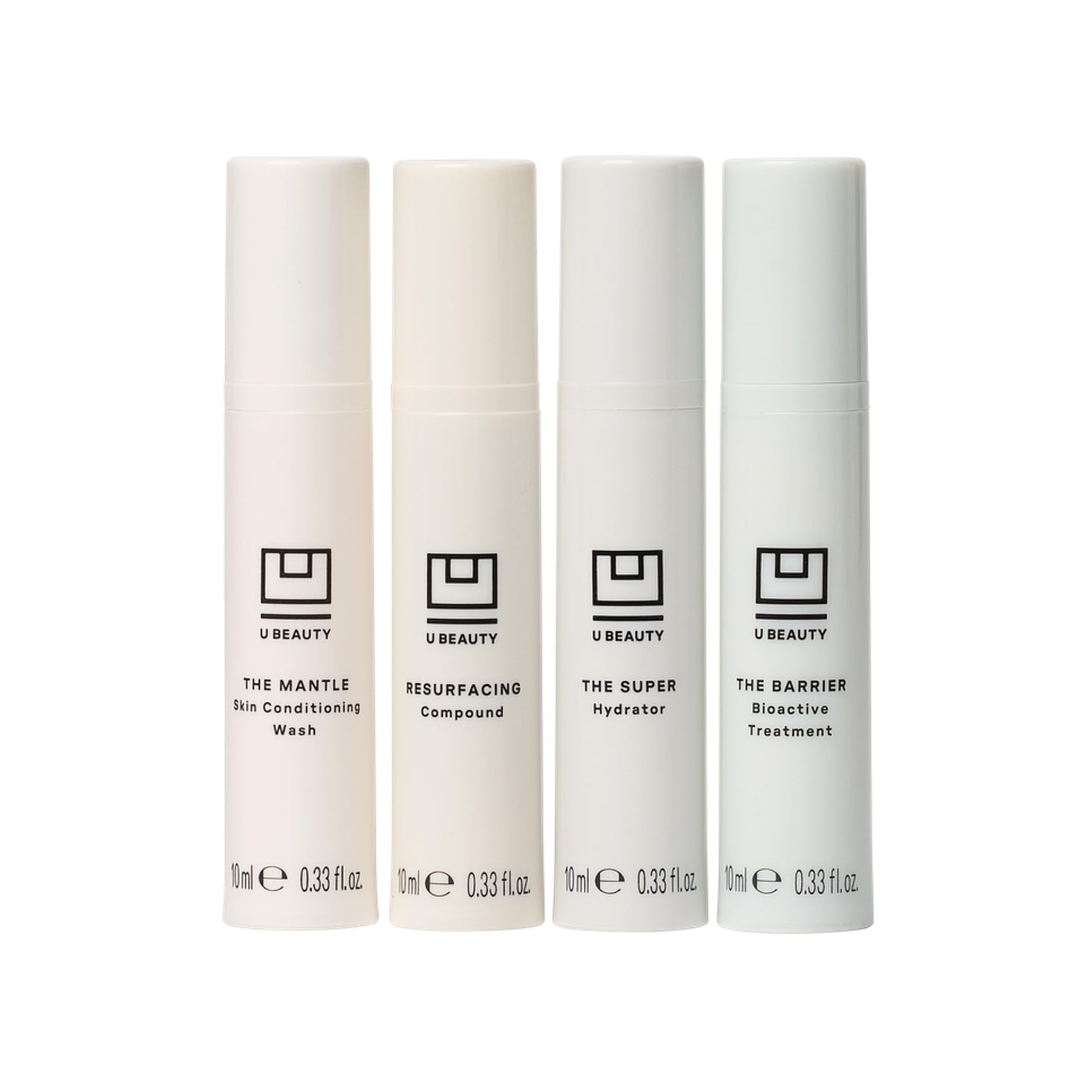 U Beauty Trial Index Set Volume 2 - Trial Size Skin Care Set with a Gentle Cleanser, Resurfacing Hyaluronic Acid Serum, Daily Face Hydrator, and Night Cream Moisturizer - 4-Piece Kit, 0.33 fl oz