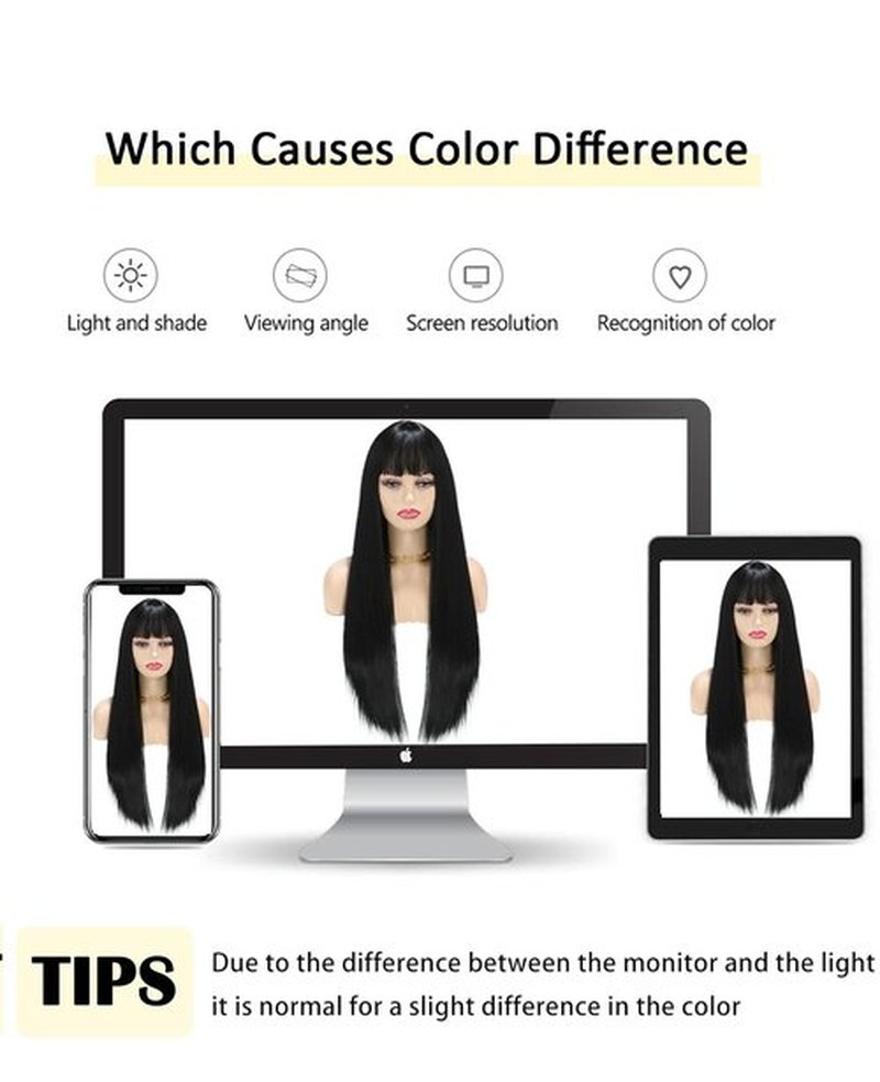 MaxlaceWig Black Wig with Bangs for Women, Long Black Wig 28 Inch Black Straight Synthetic Wig Natural Looking Heat Resistant Fiber Guleless Wig for Daily Party Use Long Colorful Cosplay Halloween Wig