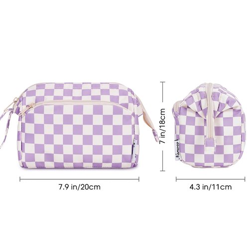 Narwey Checkered Makeup Bag Women Wide-open Make up Bag Travel Cosmetic Bag Organizer Toiletry Bag for Cosmetics Toiletries Accessories (Purple Checkerboard)