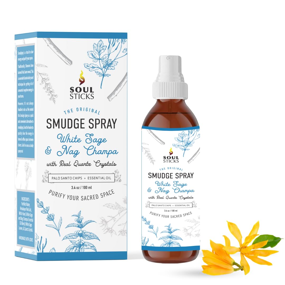 SOUL STICKS White Sage & Nag Champa Smudge Spray – 3.5oz Smokeless Cleansing Mist with Quartz Crystals – Spiritual Aromatherapy Spray for Meditation, Yoga, Home Energy Clearing & Relaxation