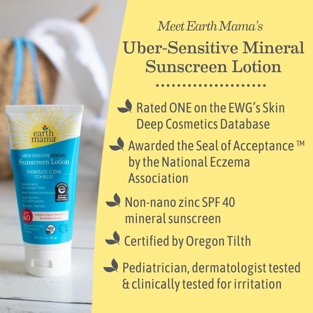 Earth Mama Uber Sensitive Mineral Sunscreen Lotion SPF 40-3oz 2pk - Non-Nano Zinc - Broad Spectrum Sunscreen for Sensitive Skin - Water Resistant Sun Protection for Babies, Kids & Adults