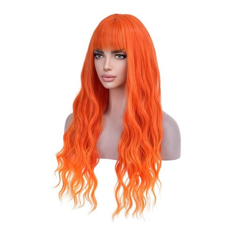 MAGQOO Orange Ombre Flame Fire Wig with Bangs Long Curly Wavy Orange Ombre Hair Wig for Women Girls Synthetic Heat Resistant Cosplay Costume Party Wig Wig Cap Included (Orange Fire)